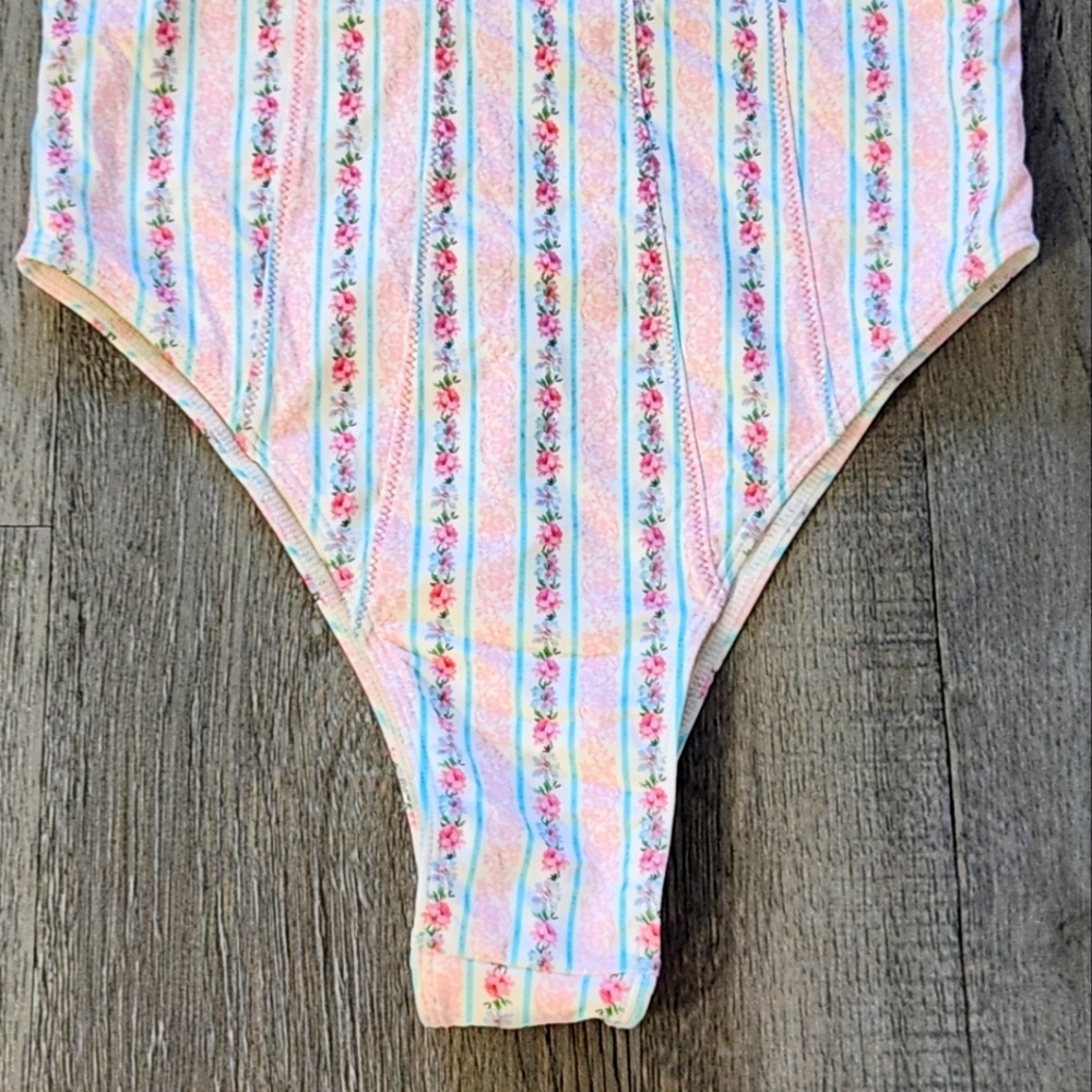 Frankie's Bikinis White One-Piece with Pink and Light Blue Floral Stripes - Picture 6 of 12